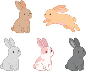 Fototapeta premium Cute Rabbit Cartoon Character Set Vector Illustration with Bunny in Sitting and Jumping Poses Different Colors Animal Collection Isolated on White Background