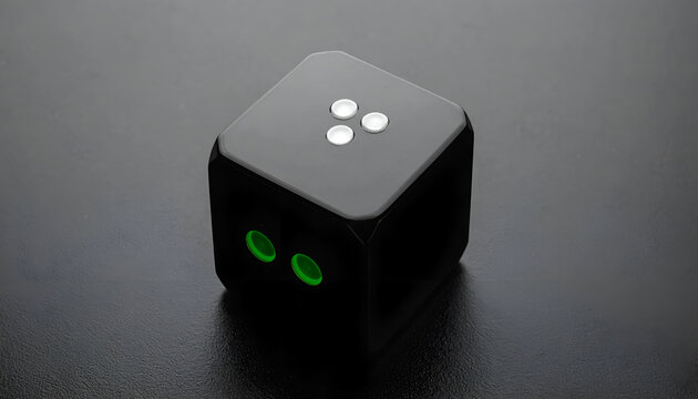 Futuristic Black Cube with Glowing Green Eyes and White Dots.