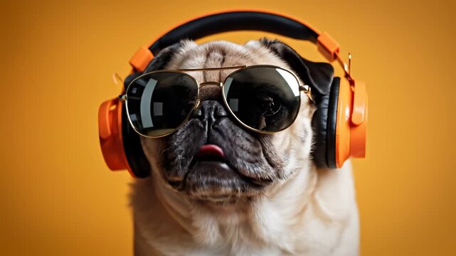Pug wearing sunglasses and headphones perfect for scenic backgrounds and natural storytelling