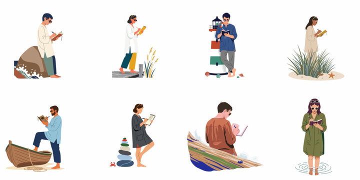 Collection of diverse people writing in notebooks and journaling in various coastal and seaside settings, flat vector illustration style.