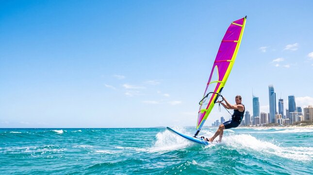 Dynamic action of male windsurfer riding ocean wave with bright colorful sail. Modern coastal city skyline background. Extreme water sport, summer vacation and active lifestyle concept.