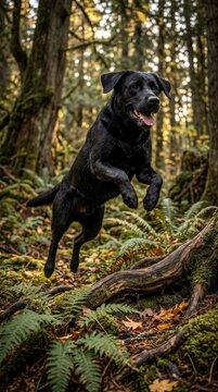 Black labrador dog jumping in a forest