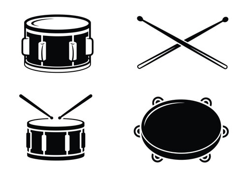 Set of black silhouette icons representing musical percussion instruments drums and tambourine, minimal flat icon pack for band