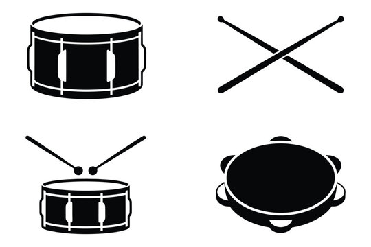 

Set of black silhouette icons representing musical percussion instruments drums and tambourine, clean vector illustration
