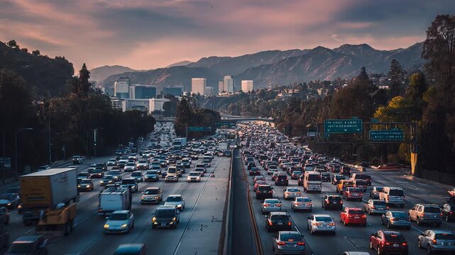 Los Angeles rush hour traffic, busy urban freeway with dense car congestion, city transport scene
