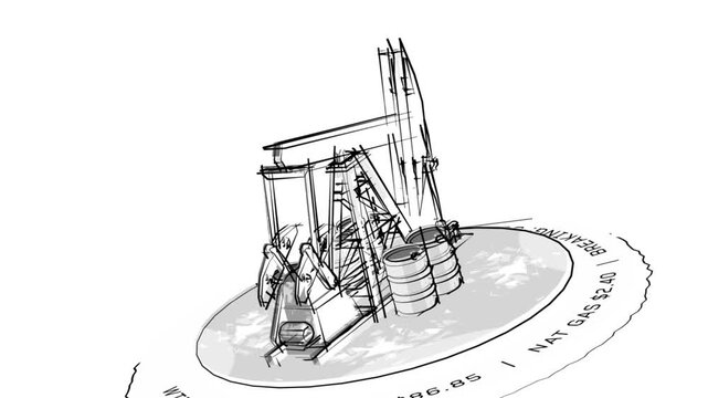 Oil Pump jack and Crude Oil Barrels 360 Hand drawn Looping Shot