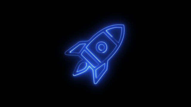 Neon blue rocket ship flying through dark galaxy.
