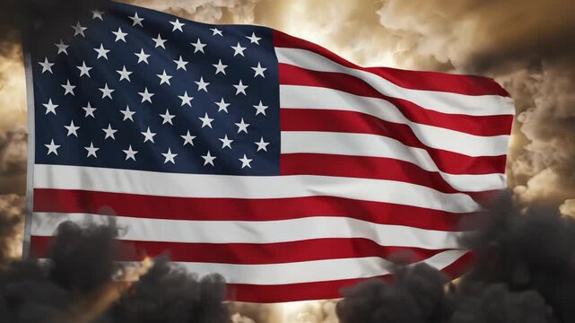 American flag waving in smoke highlighting geometric patterns and contemporary art