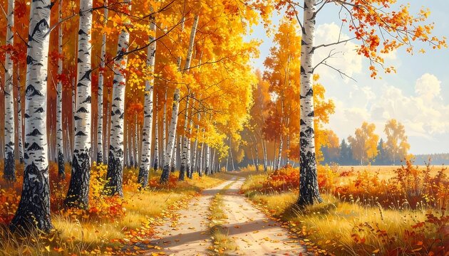 A picturesque view captures a sun-drenched dirt road through an autumnal forest, framed by tall trees with bright, changing leaves and a sunny sky