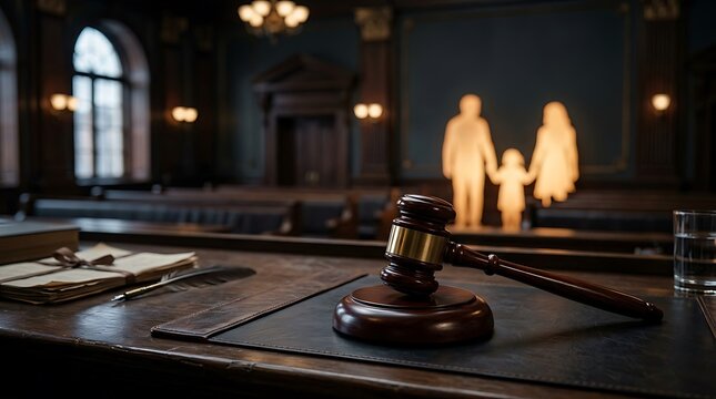 A wooden gavel on a desk in a courtroom with a family in the background
