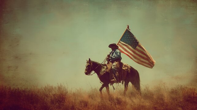 Vintage Western Cowboy Riding Horse with Flag in Dramatic Moody Landscape