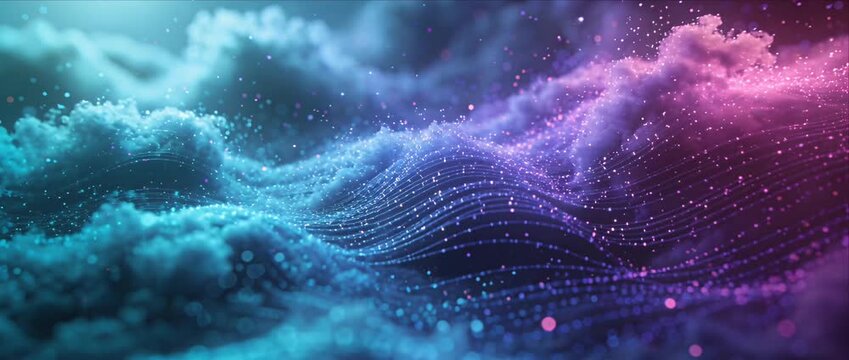 Futuristic data wave abstract background digital particle neon light cyber energy flowing curve fantasy cloud vibrant color technology concept smooth gradient shimmer dreamlike fantasy landscape