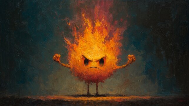 Angry Personified Flame Character with Fists Raised Oil Painting Style