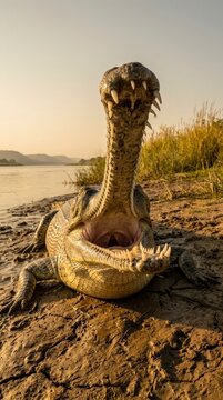 Gharial crocodile yawning on muddy riverbank