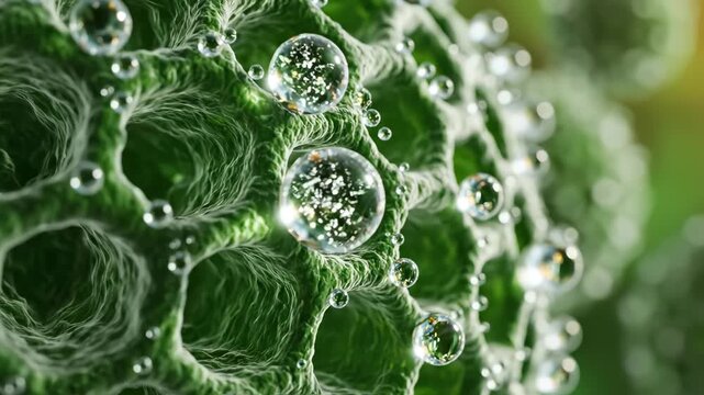 Closeup of green cellular structure with water droplets ideal for sleek commercial backgrounds and title sequences