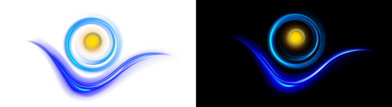 PNG image of Abstract sun and wave logo design, modern blue water ripple with yellow sun icon, creative energy and nature symbol set isolated on Transparent Background