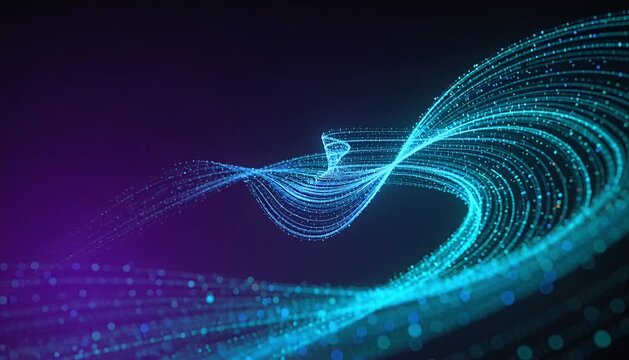 Glowing particle wave blue neon light abstract background digital line energy flow futuristic design dynamic swirl data stream motion curve technology pattern smooth gradient backdrop