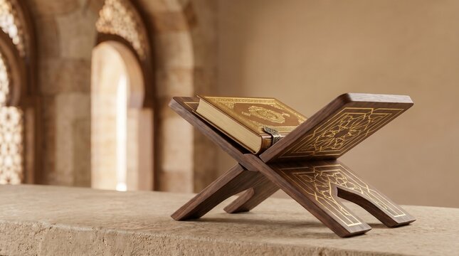 The Holy Quran displayed open on a wooden stand, bathed in soft light, emphasizing its sacred significance and rich history