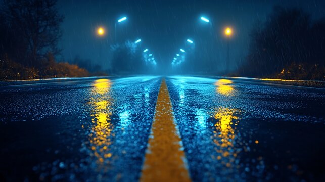 A wet asphalt road at night under heavy fog with glowing streetlights reflecting on the surface creating a dramatic blue and yellow contrast along the centerline leading into darkness.
