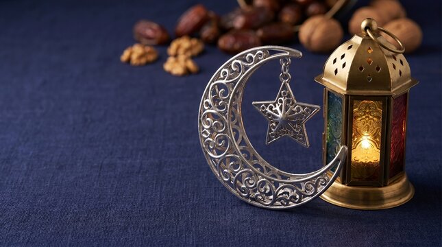 Decorative silver crescent moon, star, and warm glowing lantern with traditional dates on blue textile, symbolizing Islamic spiritual celebrations and cultural events
