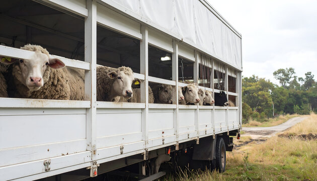Cattle being transported in a livestock trailer on a rural road.