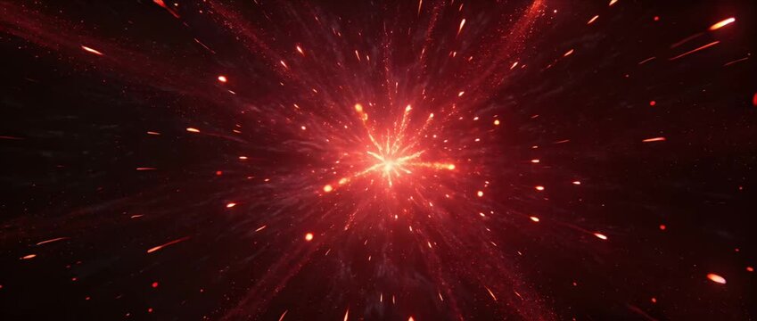 Red particle burst glowing energy explosion abstract background motion blur light trail cosmic spark space dust science fiction digital art dynamic futuristic texture firework effect radiant flare