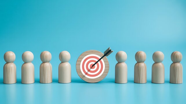 Wooden figures aligned with target board and arrow representing focus goal achievement and business success concept