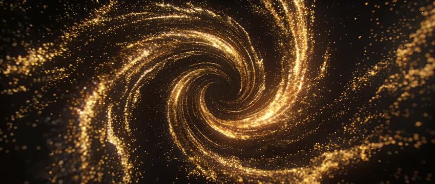 Golden particle glowing spiral light swirl abstract background cosmic vortex glitter dust dynamic motion shining trail galaxy pattern energy flow luxury shimmer festive sparkle magic dust luminous