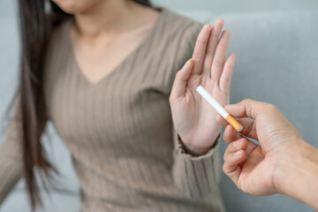 No smoking. Woman stop smoke, refuse, reject, destroy, smash cigarette, say no. quit smoking for...
