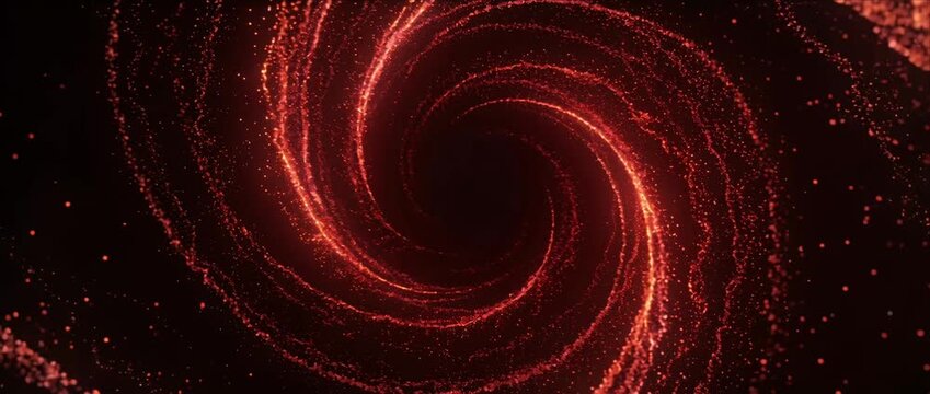 Red particle swirl glow abstract background with glowing vortex light trail spiral pattern and cosmic space energy motion blur dynamic wave fantasy dust and mysterious glowing spiral