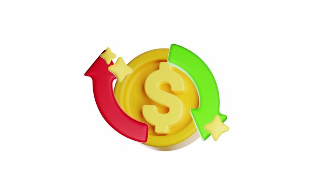 3d looping ui icon showing a dollar coin with red and green arrows spinning around, ideal for finance concepts or depicting market movement trends.