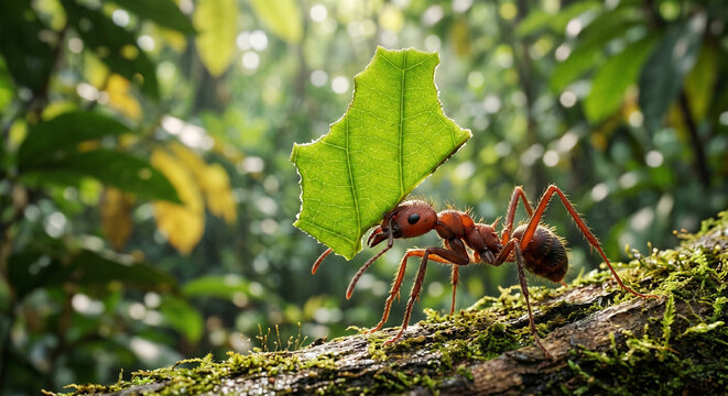 A hyper-detailed macro photograph of a Leafcutter Ant carrying a large, jagged piece of vibrant green leaf over its head like a sail. 
