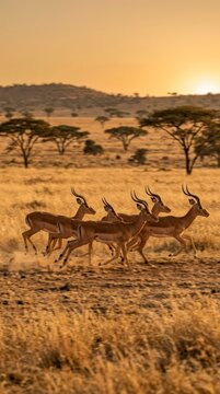 Herd of impalas running across savanna at sunset