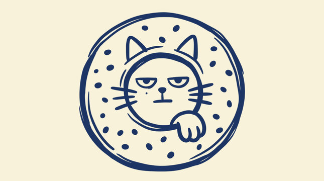 Grumpy cat face embedded in a donut, moody food humor illustration for bakery merchandise, novelty apparel and internet meme culture branding