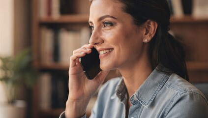 Naklejka premium A smiling receptionist engaged in a phone conversation in a contemporary office setting with a bookshelf and plant in the background, conveying a sense of professionalism and approachability.