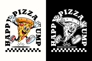Fototapeta premium A cheerful pizza slice retro cartoon character mascot illustration with expressive pose. Smiling cheesy pizza for restaurant and food menu