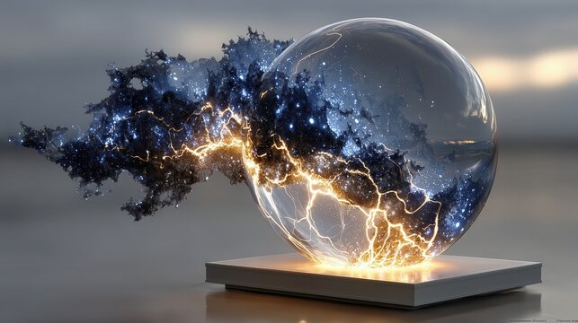 Electric energy travels through a glass sphere in a dark space