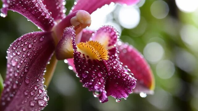 Macro view of a vibrant purple orchid flower covered in fresh water droplets, highlighting the intricate yellow center and delicate petal texture against a soft blurred background.