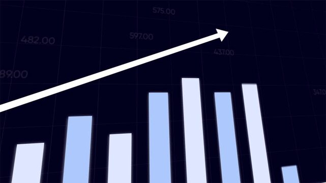 Abstract financial bar chart with upward arrow, dynamic perspective camera movement, corporate blue