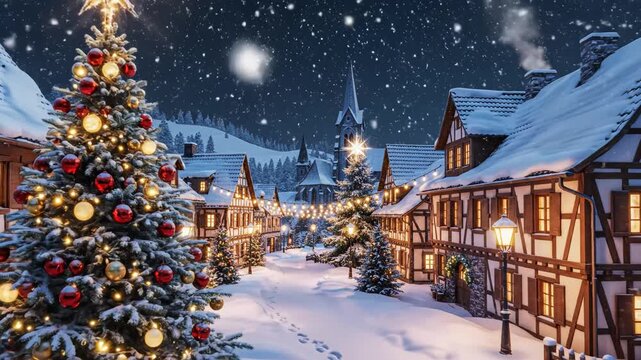 Snowy Christmas village with decorated trees symbolizing tranquility, harmony, and natural balance
