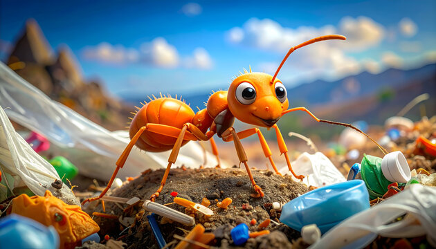 Close-up of a cartoon ant in a polluted environment.