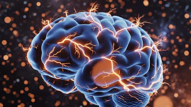 Blue brain with glowing neural pathways symbolizing conceptual art and dynamic energy