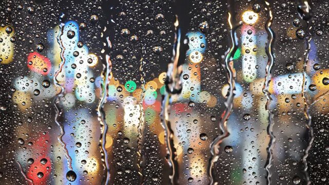 Raindrops on glass with city lights ideal for sleek commercial backgrounds and title sequences