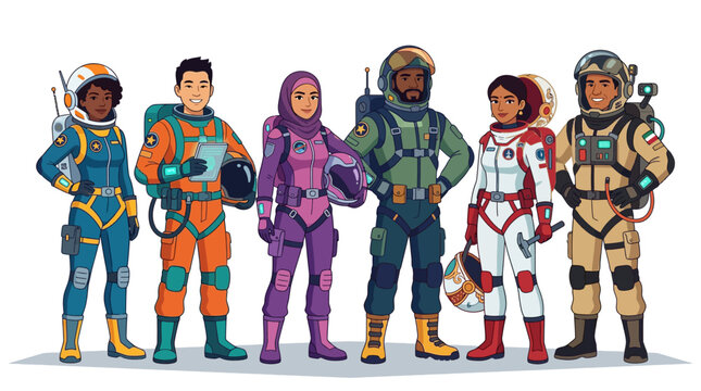 Colorful vector illustration depicting diverse sci-fi fans dressed as space explorers, standing together to celebrate a franchise event, set against a clean white background that creates
