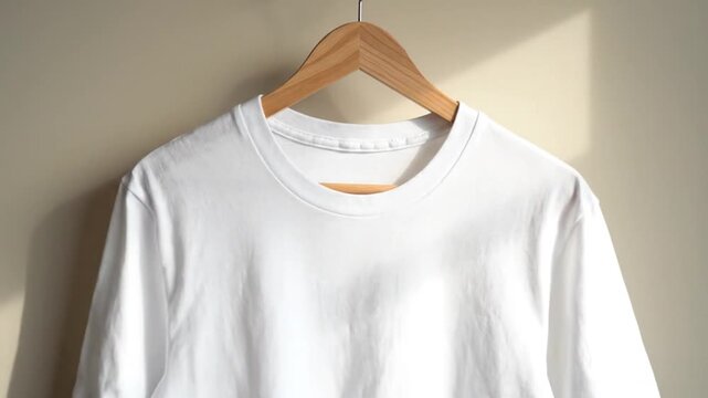 Blank White Long Sleeve T-Shirt Mockup Hanging on a Wooden Hanger