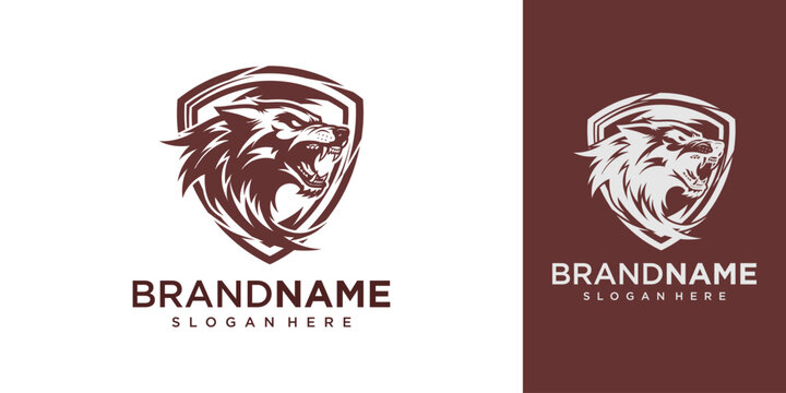 A logo of a lion's head in a shield, with the brand name and slogan below, on a white and dark brown background.