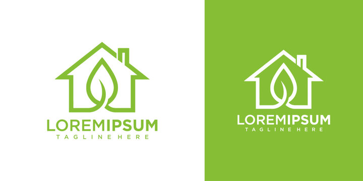 A logo design featuring a house with a leaf, showcasing eco-friendly and modern architecture on a green background