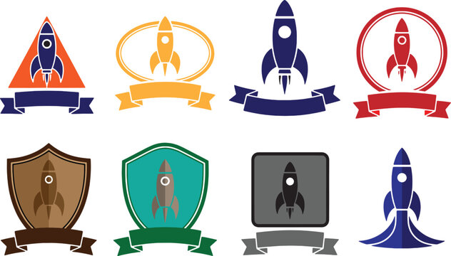 Set of rocket logo design icons, vector illustration of space ship emblems, rocket launch symbols, business startup concept, collection of rocket badges