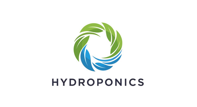 Hydroponics logo with green and blue swirls.