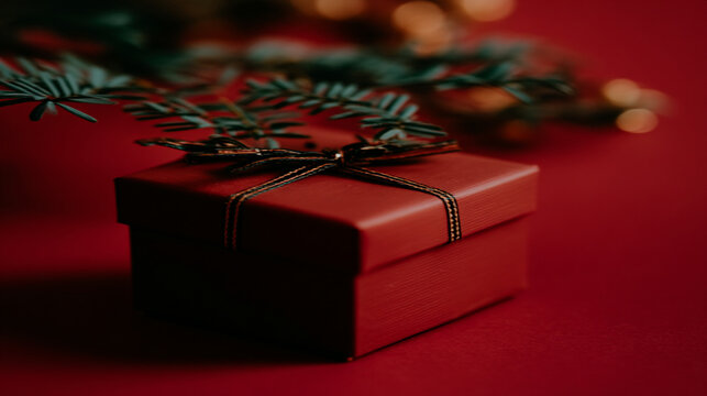 Simple red gift box with thin dark ribbon on red background with subtle holiday bokeh, gift giving